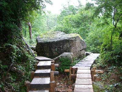 巨石を避ける木道