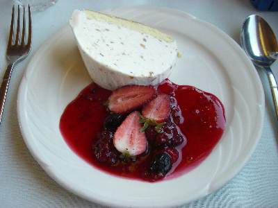 Nougat Parfait / Fresh Strawberries & Berry Sauce